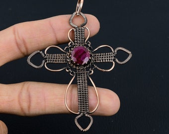 Kashmir Red Ruby Cross Pendant Copper Wire Wrapped Gemstone Pendant Copper Handmade Pendant Cross Jewelry Kashmir Ruby Jewelry Gift For Wife