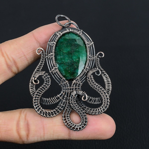 Octopus Emerald Pendant Emerald Gemstone Pendant Copper Wire Wrapped Pendant Necklace Emerald Jewelry Gift For Her Mother Animal Jewelry