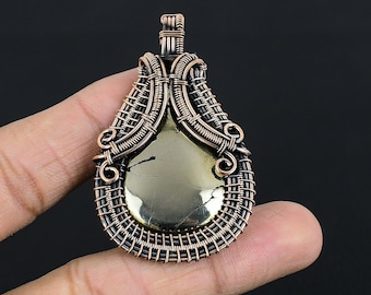 Natural Pyrite Gemstone Pendant, Copper Wire Wrapped Gemstone Pendant Golden Apache Pyrite Jewelry Handmade Pendant Unique Wedding Gifts