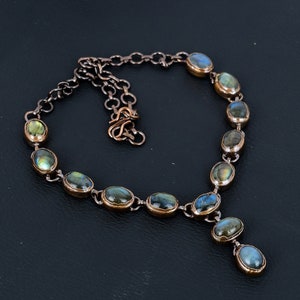 Labradorit Halskette, Natürlicher Labradorit Schmuck, Elektrogeformte Kupfer Halskette, Echter Stein Schmuck, Verstellbare Halskette Hochzeitsgeschenk