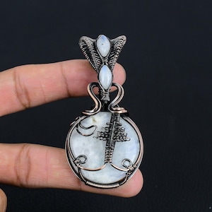 Rainbow Moonstone Handcrafted Wire Wrapped Pendant, Tree of Life Gemstone Jewelry, Antiqued Copper Statement Necklace, Gift for Her