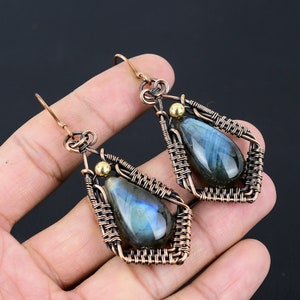 Labradorite Earrings Copper Wire Wrapped Earrings Labradorite Gemstone Earrings Handmade Copper Jewelry Dangle Earrings Labradorite Jewelry