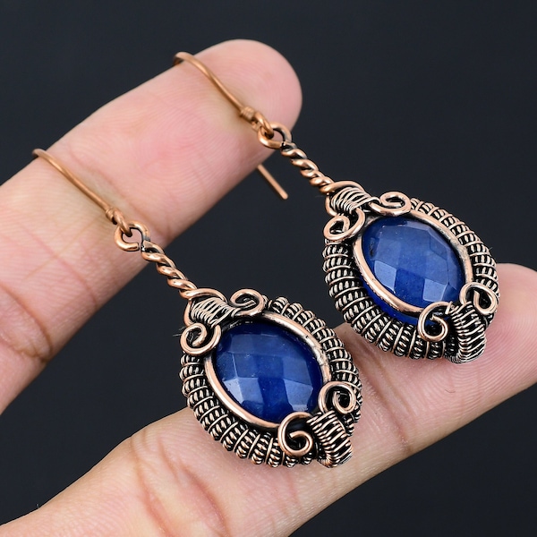 Blue Sapphire Earrings Copper Wire Wrapped Earrings Sapphire Gemstone Earrings Handmade Copper Jewelry Dangle Earrings Sapphire Jewelry