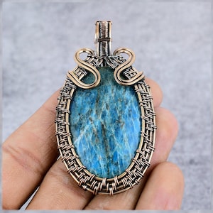 Apatite Pendant, Natural Neon Apatite Gemstone Copper Wire Wrapped Pendant, Handmade Jewelry Designer Pendant Natural Crystal Jewelry Gifts