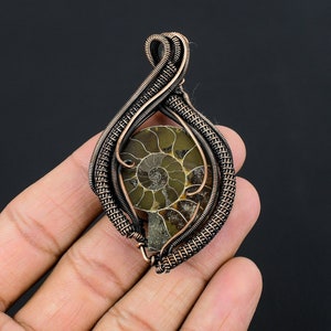 May include: A copper wire wrapped pendant featuring a fossilized ammonite with a spiral pattern in shades of brown and green.
