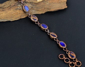 Bracciale con zaffiro blu, bracciale in rame elettroformato, bracciale con catena regolabile, gioielli fatti a mano, bracciale con pietre vere, regali per anniversario.