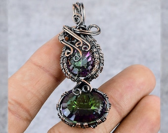 Colgante de topacio místico envuelto en alambre de cobre - Joyería de piedras preciosas arcoíris - Collar de cobre oxidado para ella - Colgante bohemio hecho a mano
