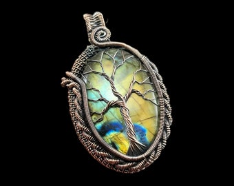 Arbre de vie labradorite, pierres précieuses, fil de cuivre, pendentif enveloppé de bijoux, beau pendentif de créateur en labradorite pour sa mère, cadeau pour l'amour