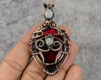 Evil Eye Red Flash Labradorite Pendant Copper Wire Wrapped Pendant Copper Labradorite Jewelry Handmade Pendant Necklace Evil Eye Jewelry