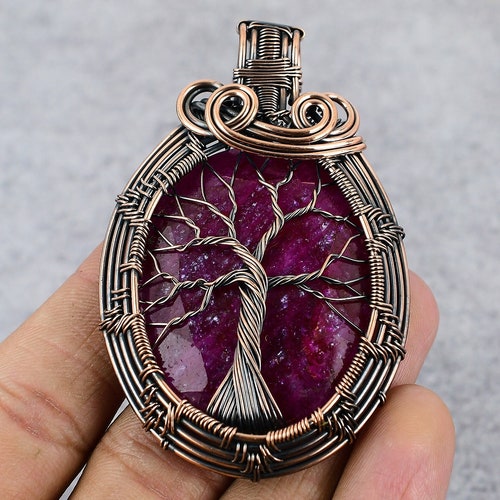 Tree of Life Kashmir Red Ruby Gemstone Pendant Copper Wire - Etsy