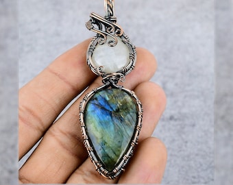 Labradorite Copper Pendant Copper Wire Wrapped Gemstone Pendant Copper Jewelry Designer Pendant Gift For Her Rainbow Moonstone Gift For Mom