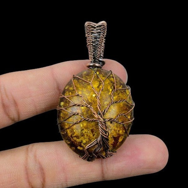 Tree Of Life Baltic Amber Pendant Copper Wire Wrapped Pendant Oxidized Copper Baltic Amber Gemstone Pendant Unique Holiday Gifts For Friends