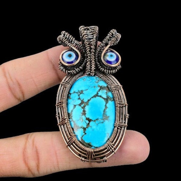 Turquoise Pendant Blue Color Eye OWL Pendant Copper Wire Wrapped Jewelry Handmade Gemstone Pendant Unique Holiday Gift For Friends & Family