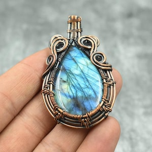Fire Labradorite Pendant, Copper Wire Wrapped Pendant, Oxidized Copper Jewelry Natural Labradorite Crystal Handmade Jewelry Gift For Her/Him