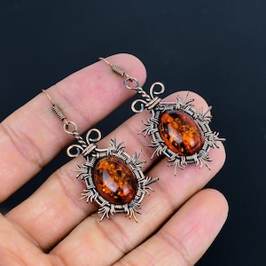 Pendientes de ámbar báltico con alambre de cobre, pendientes de piedras preciosas de ámbar báltico, joyería de cobre hecha a mano, pendientes colgantes para regalo.