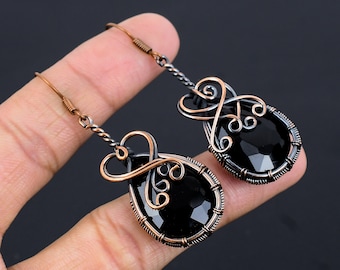 Black Onyx Earrings Copper Wire Wrapped Earrings Black Onyx Gemstone Earrings Copper Jewelry Dangle Earrings for Love Black Onyx Jewelry