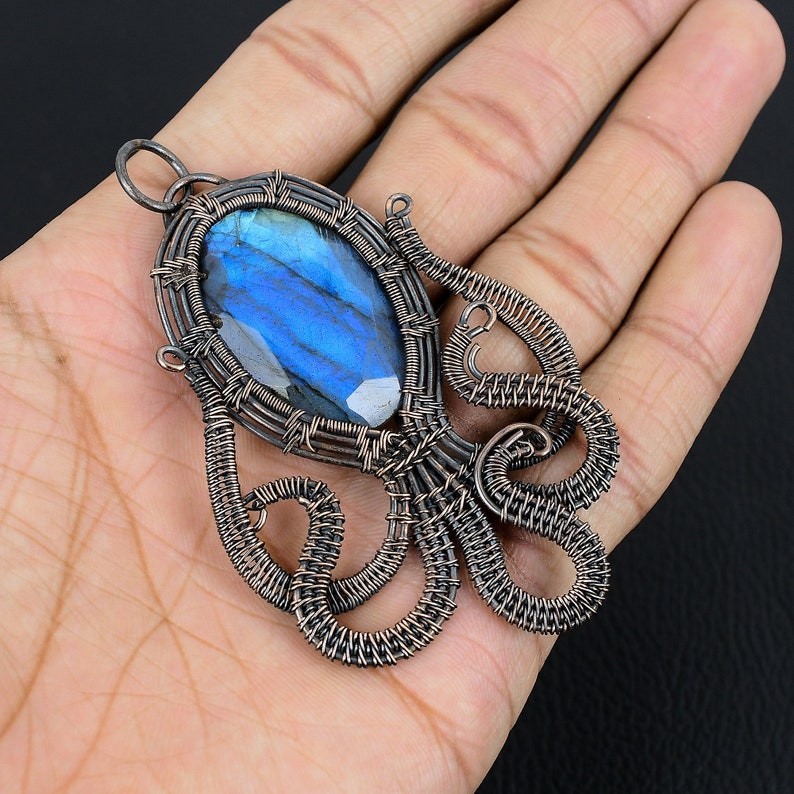 Labradorite Octopus Pendant Blue Labradorite Gemstone Pendant Copper Wire Wrap Pendant Natural Crystal Healing Jewelry Gifts For Wife & Her image 4