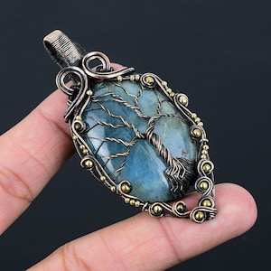 Tree of Life Aquamarine Pendant Copper Wire Wrapped Pendant Gemstone Pendant Copper Jewelry Handmade Pendant Aquamarine Jewelry Gift for Her