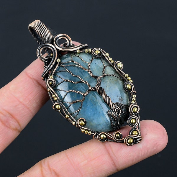 Tree of Life Aquamarine Pendant Copper Wire Wrapped Pendant Gemstone Pendant Copper Jewelry Handmade Pendant Aquamarine Jewelry Gift for Her