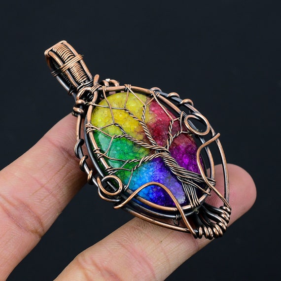 Tree of Life Rainbow Solar Quartz Pendant Copper Wire Wrapped