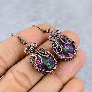 Rainbow Mystic Topaz Copper Earrings Copper Wire Wrapped Gemstone Earrings Copper Jewelry Designer Dangle Earrings For Girl Mothers Day Gift