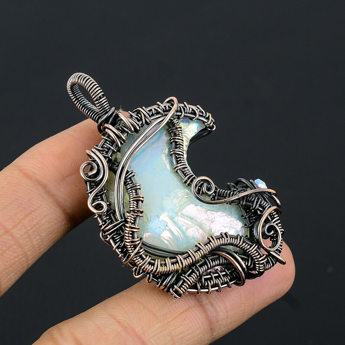 Aura Shell Crescent Moon Shape Pendant, Copper Wire Wrapped Pendant ...