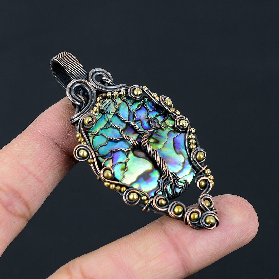 Tree of Life Abalone Shell Pendant Copper Wire Wrapped Pendant Abalone ...