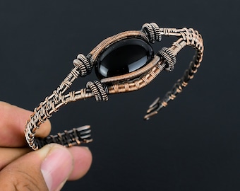 Natural Black Onyx Copper Cuff Bracelet Black Onyx Bracelet Copper Wire Wrapped Adjustable Cuff Bracelet Jewelry Handmade Jewelry Gift