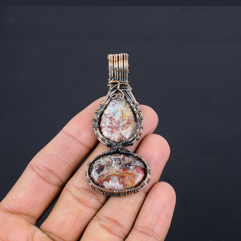 Crazy Lace Pendant Laguna Lace Agate Pendant Copper Wire Wrapped Double Stone Pendant Jewelry Handmade Designer Pendant Necklace Unique Gift image 5