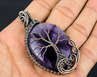 Tree of Life Amethyst Pendant Copper Wire Wrapped Pendant Amethyst Gemstone Pendant Copper Handmade Pendant Gift For Her Amethyst Jewelry