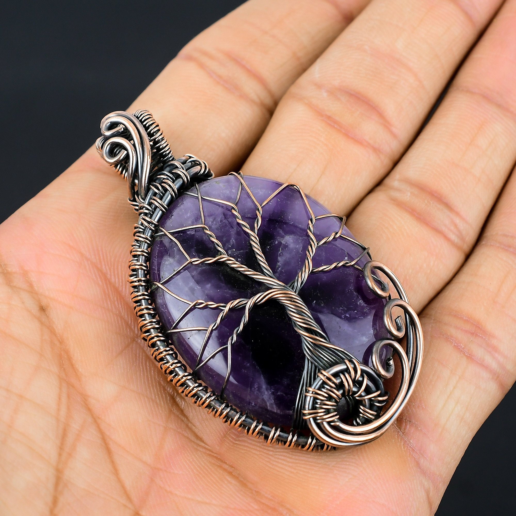 AMETHYST COPPER WRAPPED TREE OF LIFE POINT NECKLACE 