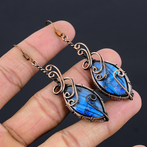 Labradorite Earrings Copper Gemstone Earrings Copper Wire Wrapped Earrings Copper Jewelry Dangle Earrings Gift for Her Labradorite Jewelry Etsy