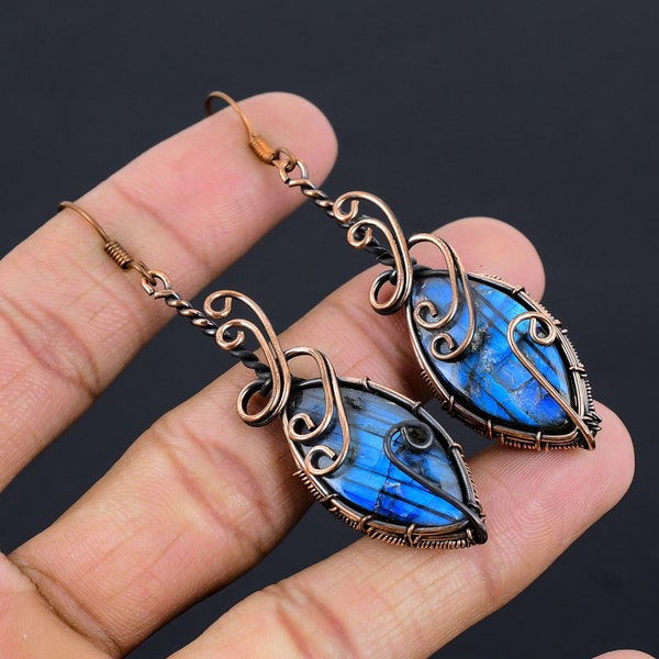 Labradorite Earrings Copper Gemstone Earrings Copper Wire Wrapped Earrings Copper Jewelry Dangle Earrings Gift For Her Labradorite Jewelry