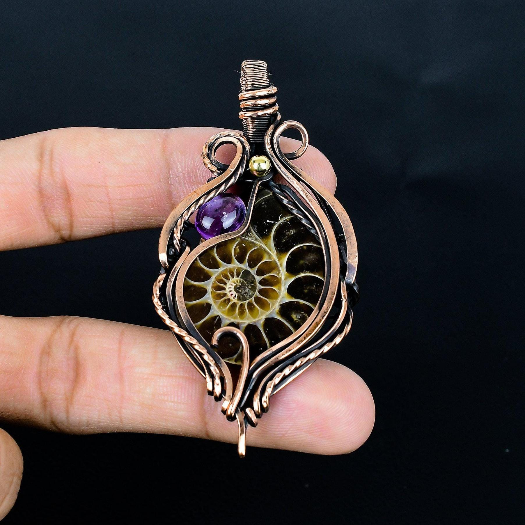 Ammonite Fossil, Amethyst Pendant, Pure Copper Wire Wrapped