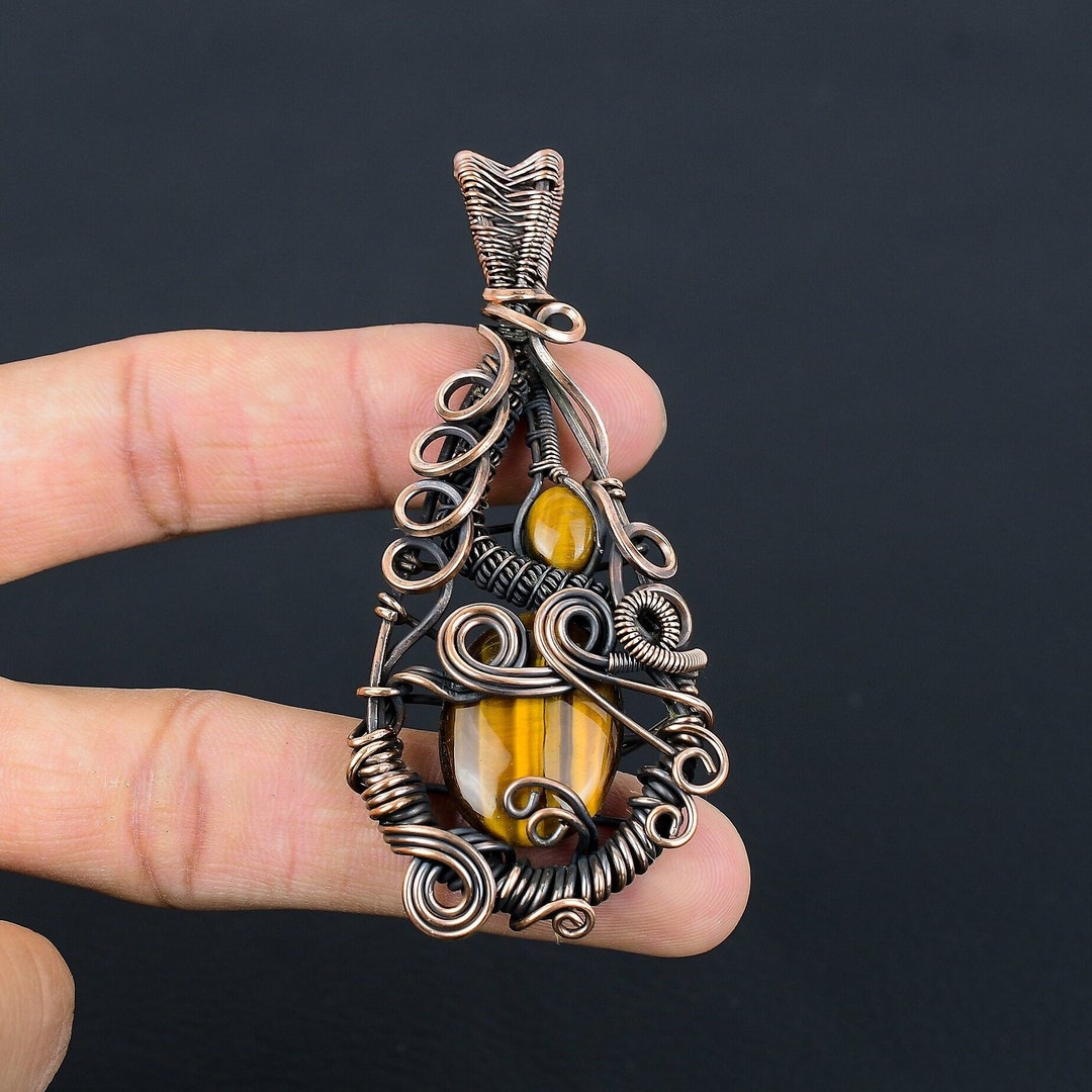 Tiger's Eye Pendant Gemstone Jewelry Copper Wire Wrapped Pendant ...