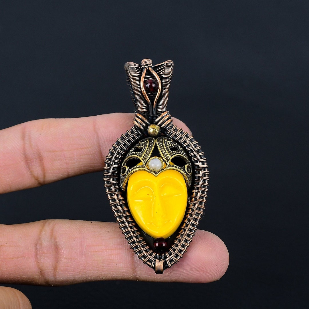 Yellow Carved Bone Face Pendant Copper Wire Wrapped Pendant Etsy