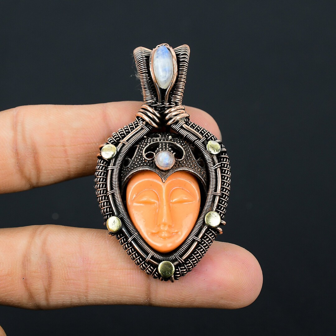 Orange Carved Bone Face Pendant Copper Wire Wrapped Pendant Jewelry Handmade Pendant Gemstone