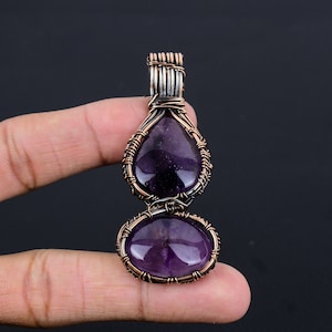 Natural Amethyst Pendant Copper Wire Wrapped Pendant Double Stone Pendant Copper Jewelry Gift For Birthday, Anniversary & Special Occasion