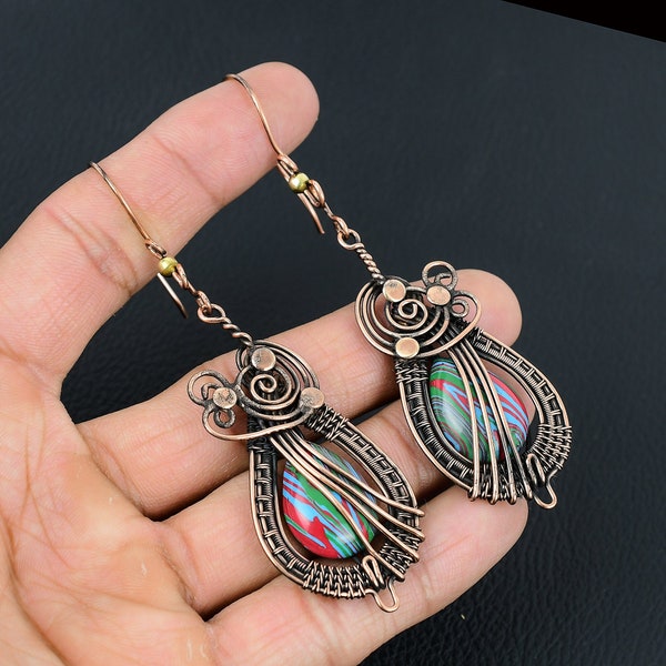 Rainbow Calcilica Earrings Copper Wire Wrapped Earrings Rainbow Calcilica Gemstone Earrings Copper Jewelry Dangle Earrings Gifts for Her