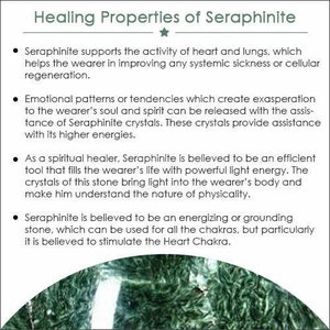 May include: A close-up of a green Seraphinite crystal with a white star. The text describes the healing properties of Seraphinite, including its ability to support heart and lung health, release emotional patterns, and bring light energy to the body.