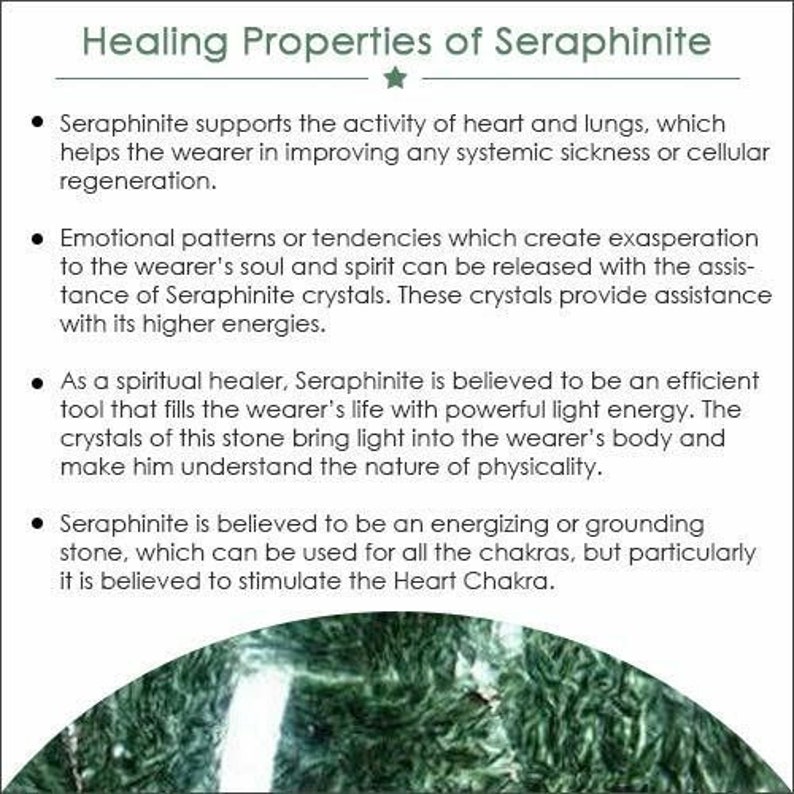 May include: A close-up of a green Seraphinite crystal with a white star. The text describes the healing properties of Seraphinite, including its ability to support heart and lung health, release emotional patterns, and bring light energy to the body.