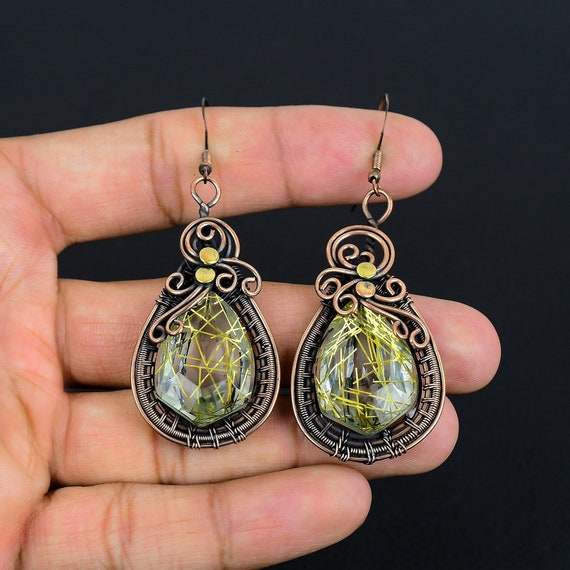 Golden Rutile Earrings Copper Wire Wrapped Earrings Rutile Gemstone Earrings Copper Jewelry Handmade Jewelry Dangle Earrings Fashion Jewelry
