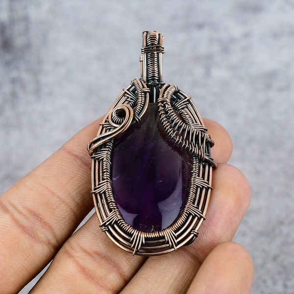 Amethyst Natural Gemstone Pendant, Copper Pendant Copper Wire Wrapped Pendant Natural Crystal Pendant Pure Copper Wire Designer Jewelry Gift