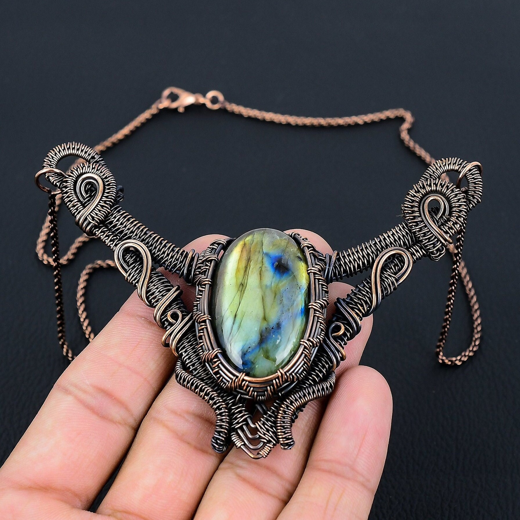 Natural Labradorite Necklace Copper Wire Wrapped Pendant Necklace Labradorite Gemstone Necklace Copper Jewelry Handmade Jewelry Gift for Her