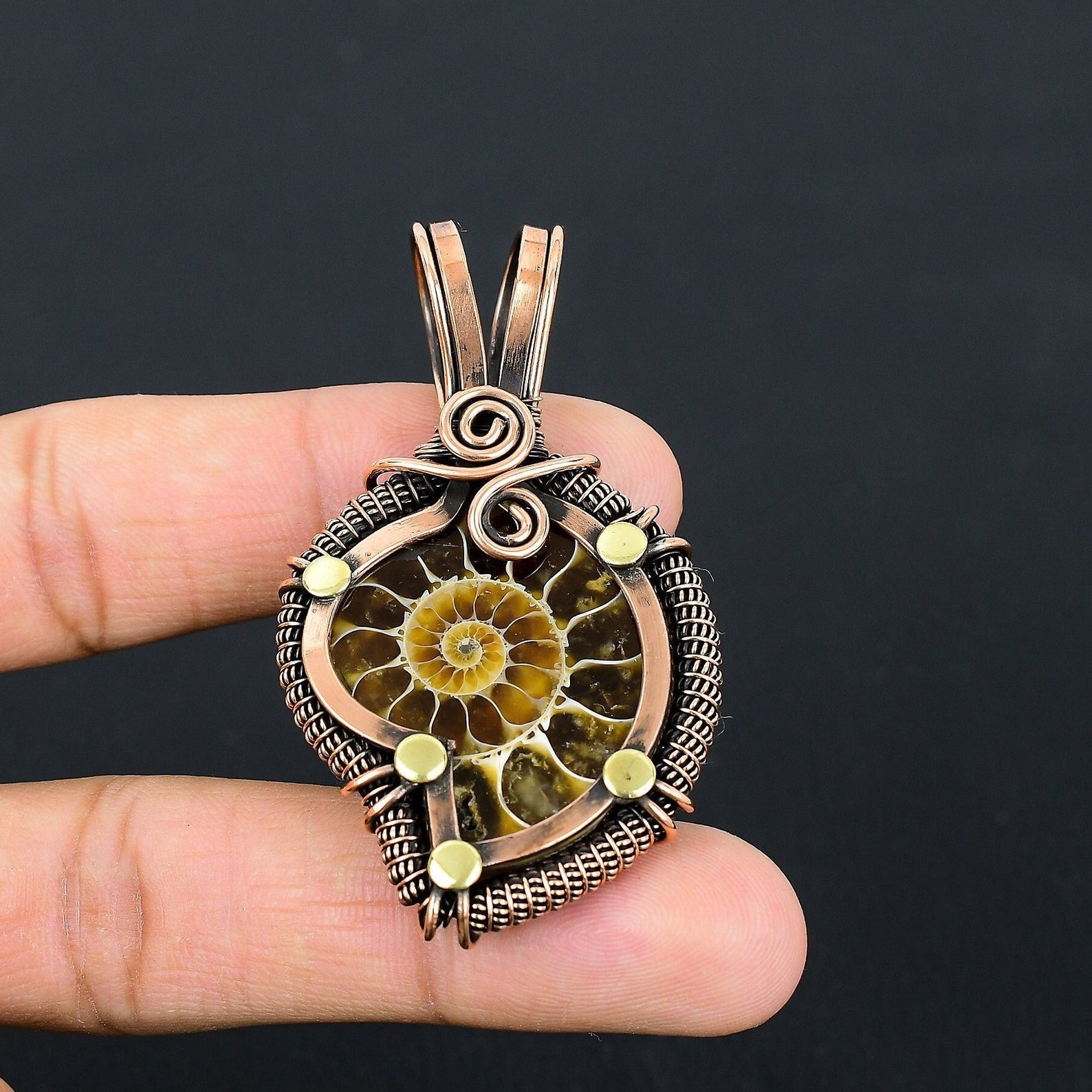 Ammonite Fossil Pendant Copper Wire Wrapped Pendant Ammonite Gemstone Pendant Handmade Copper Jewelry Gift For Her Wrapped Gemstone Pendant