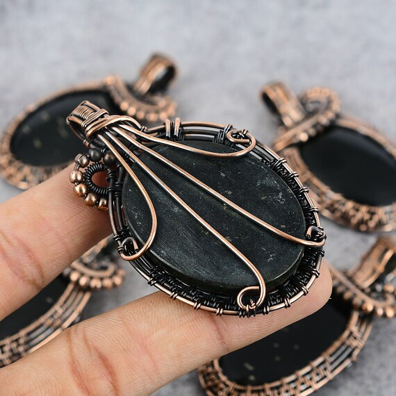Black Apache Gemstone Pendant Wire Wrapped Pendant Copper Jewelry