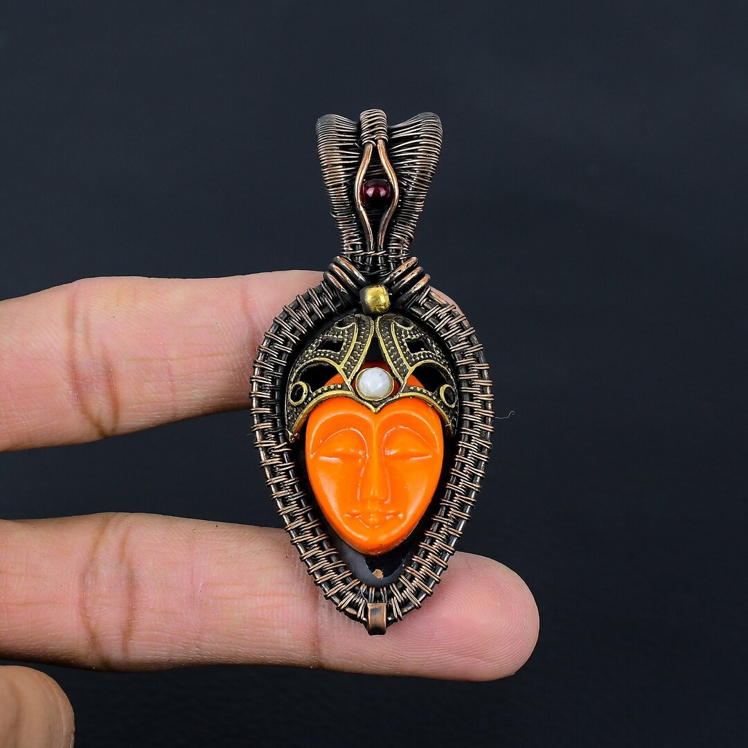 Orange Carved Bone Face Pendant Copper Wire Wrapped Pendant Jewelry Handmade Pendant Gemstone