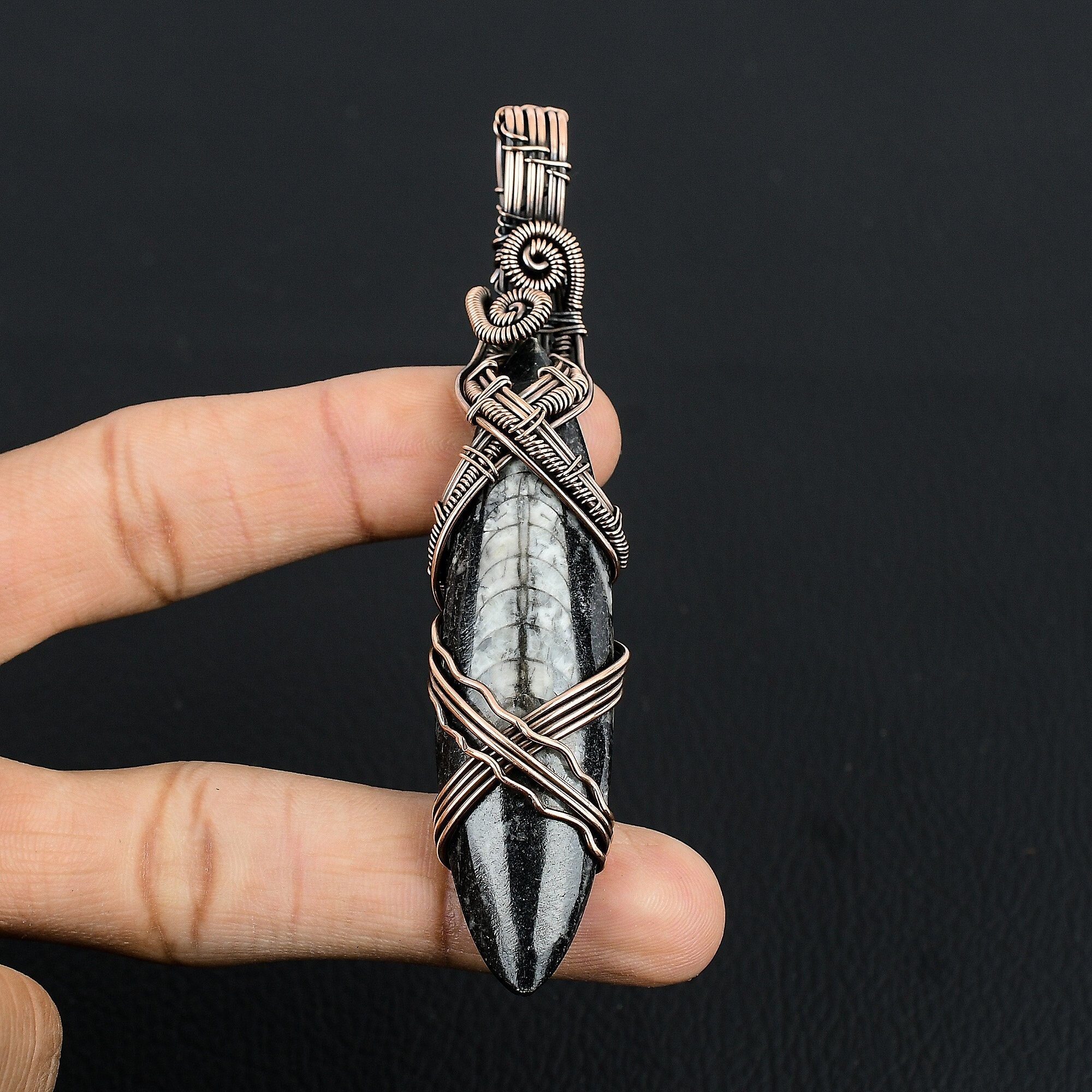 Orthoceras Fossil Gemstone Copper Pendant Copper Wire Wrapped Pendant Orthoceras Fossil Pendant Copper Jewelry Gifts for Friends & Sister