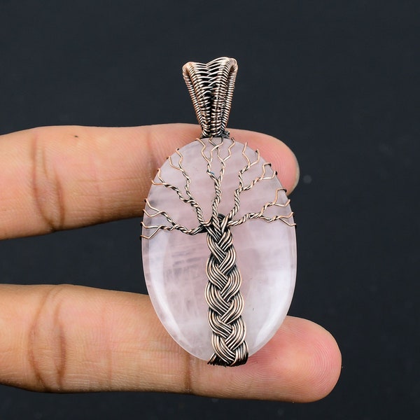 Tree of Life Rose Quartz Pendant Rose Quartz Gemstone Pendant Copper Wire Wrapped Pendant Handmade Pendant Gift For Her Quartz Jewelry