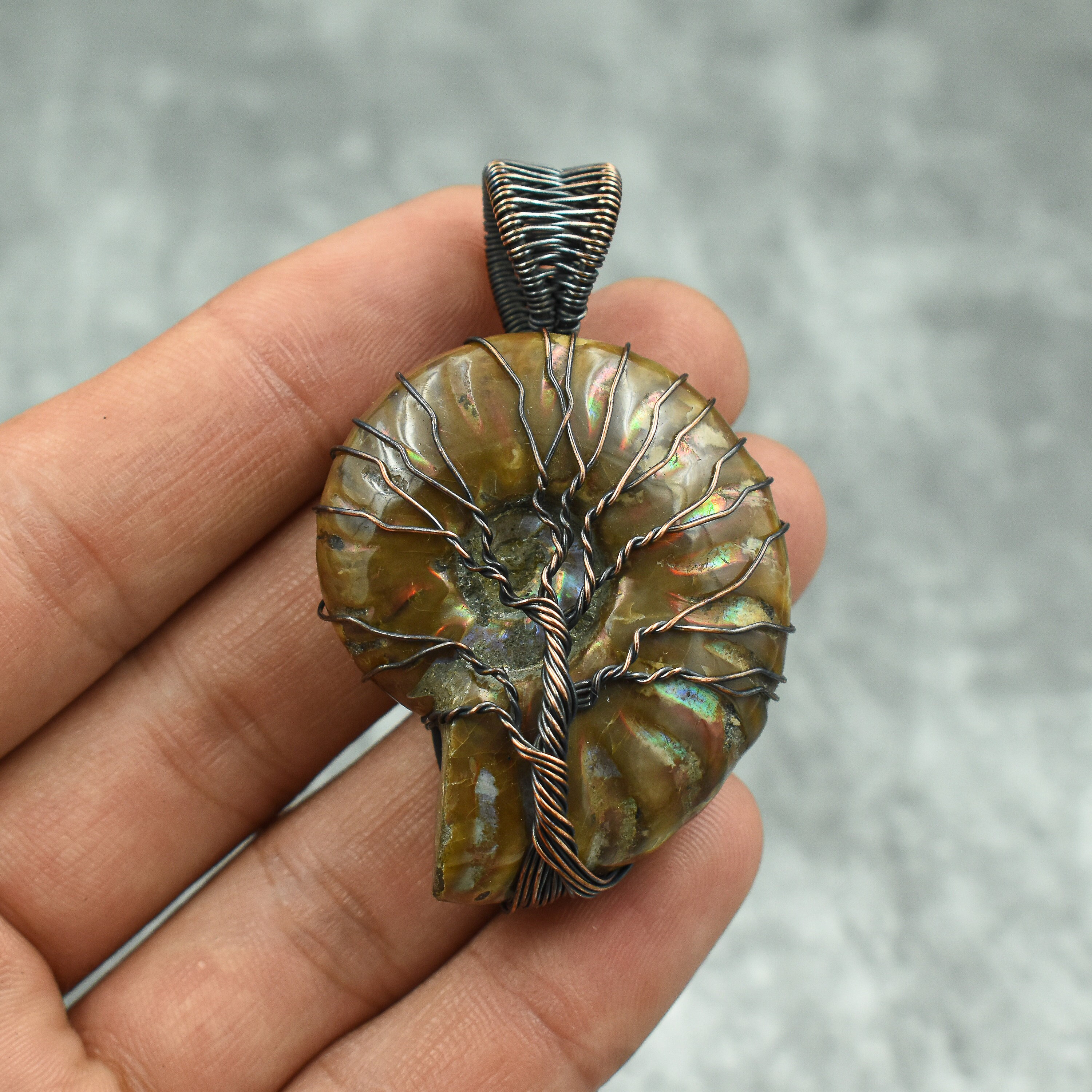 Split Ammonite Fossil Shell Pearl Pendant Copper Wire Wrap Artisan